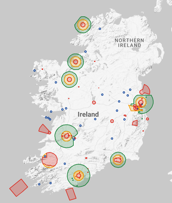 Map of Ireland showing RED and AMBER geographical zones around major airports &mdash; opens the Safe Drone Academy geozone map